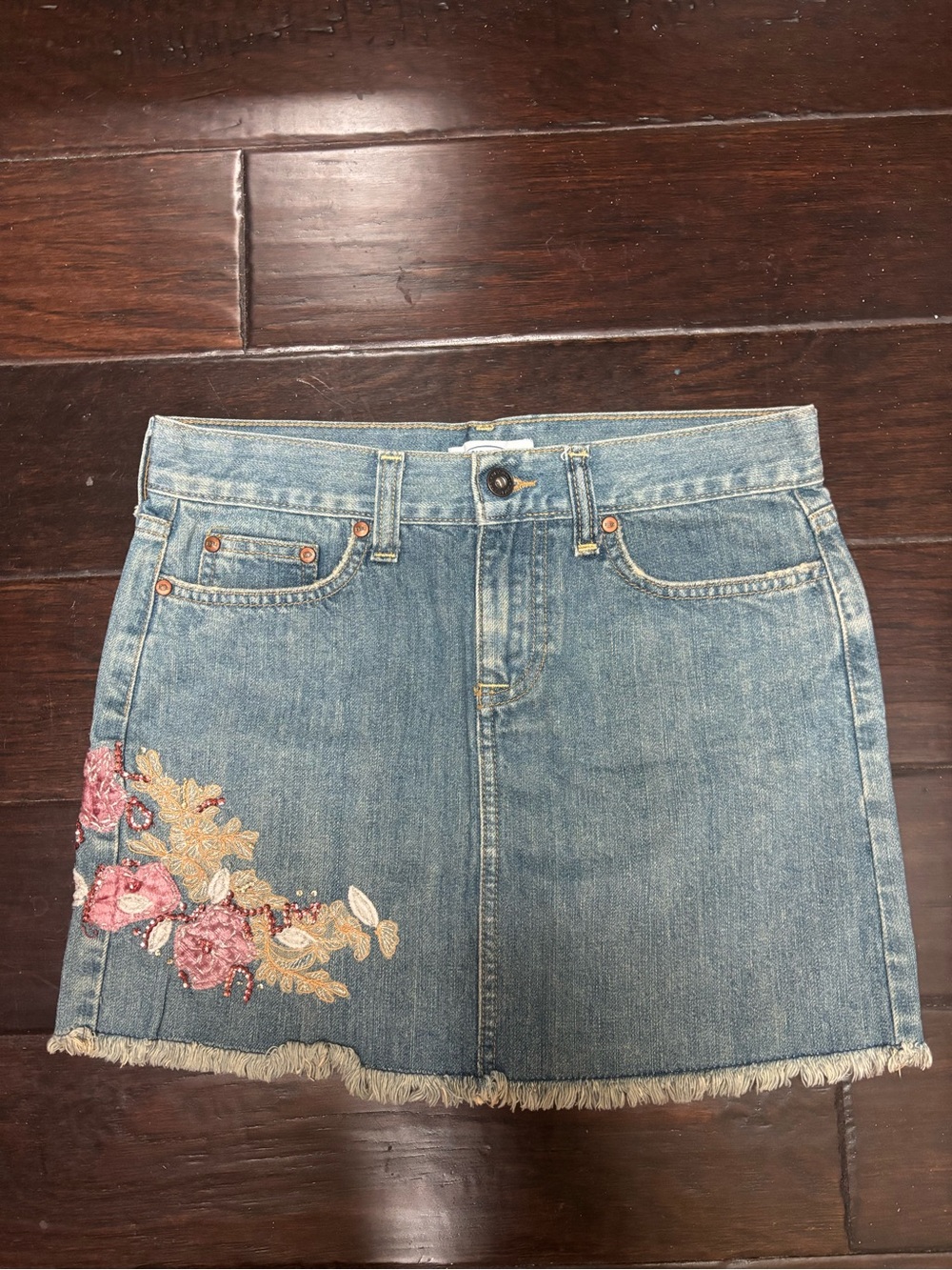 Old Navy Blue Denim Mini Skirt with Pink and Gold Floral Embroidery